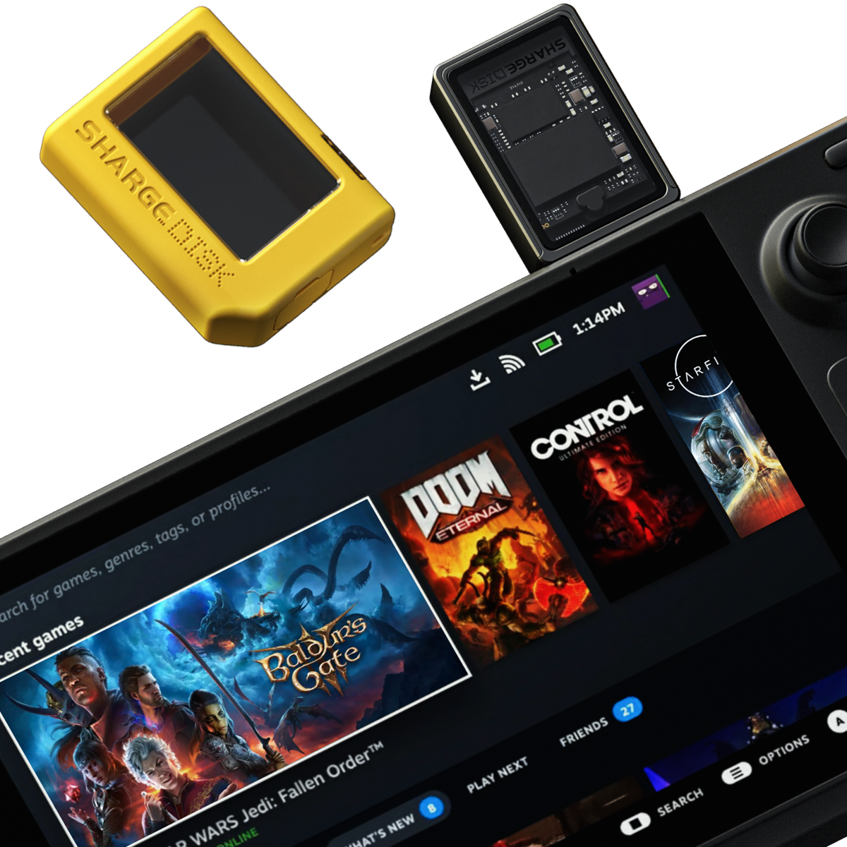 Un boîtier M.2 NVMe SSD jaune est montré à côté d'un appareil noir affichant une interface utilisateur.