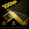 Gros plan d'un boîtier M.2 NVMe SSD doré avec un disque noir, indiquant une vitesse de transfert de 10 Gbps.