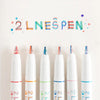 A collection of six dual-color line marker pens with colorful text spelling out '2LNESPEN' on a white background.