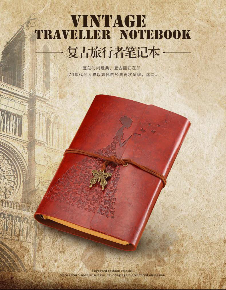 A vintage leather notebook with an embossed butterfly design is shown against a textured background.