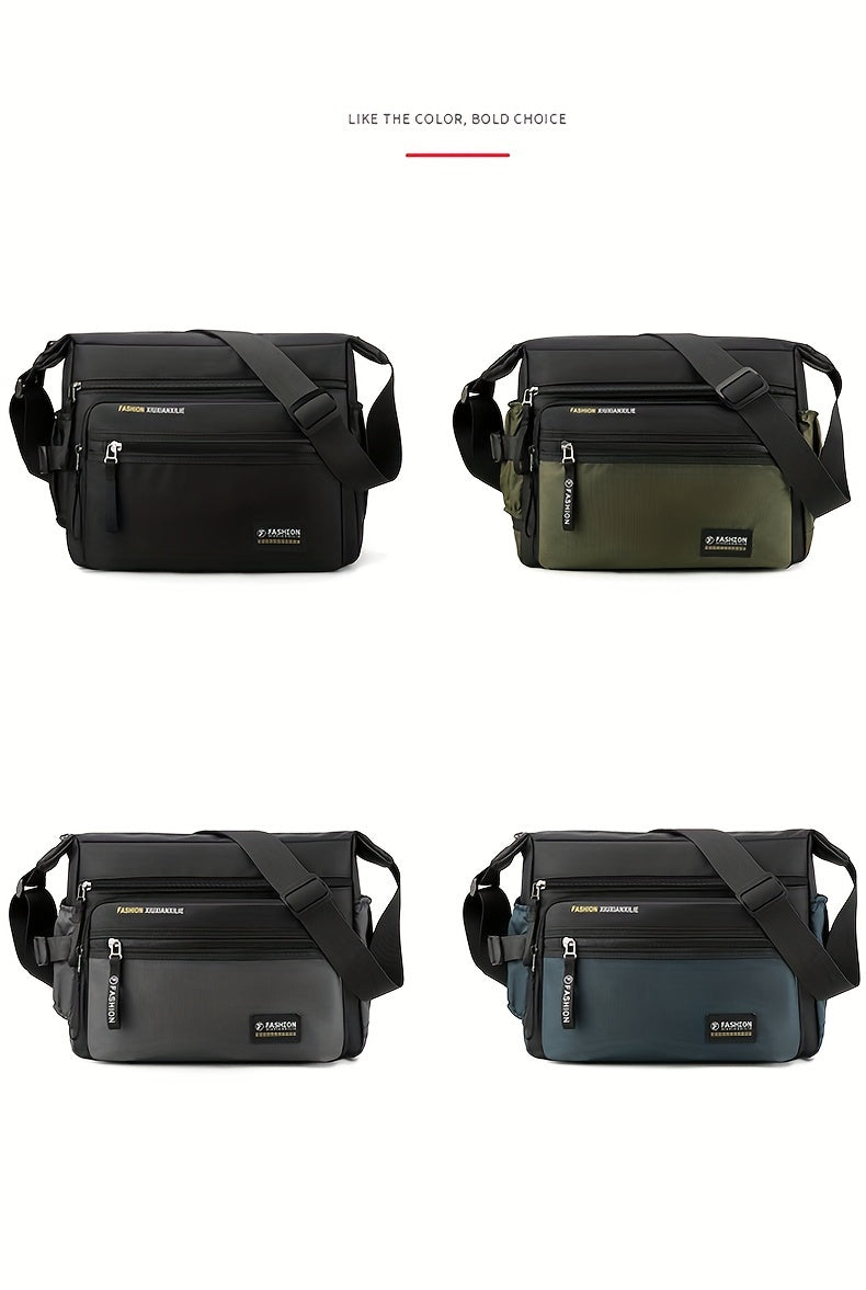 Three versions of a black and olive green multifunctional crossbody bag shown from the front.