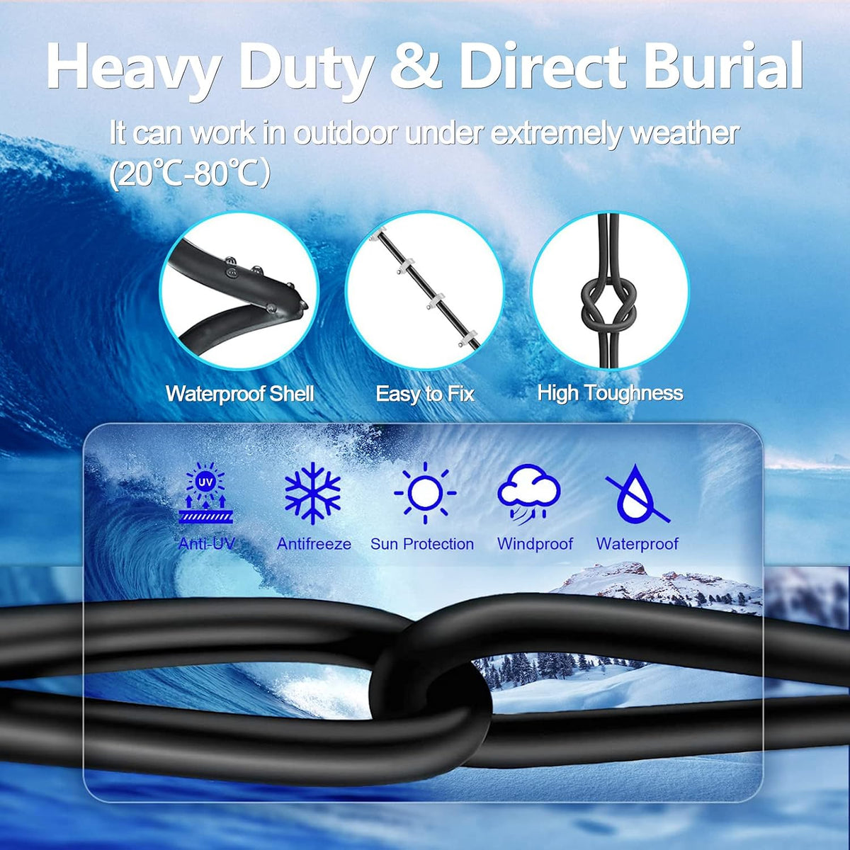 Black heavy duty direct burial Ethernet patch cable with waterproof shell and high toughness features