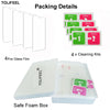 Packaging details for a TOLIFEEL premium tempered glass screen protector kit including wipes and a safe foam box