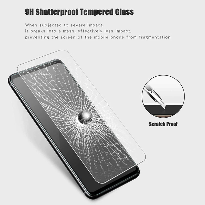 A close-up view of a smartphone screen protected by 9H shatterproof tempered glass, demonstrating its impact resistance and s
