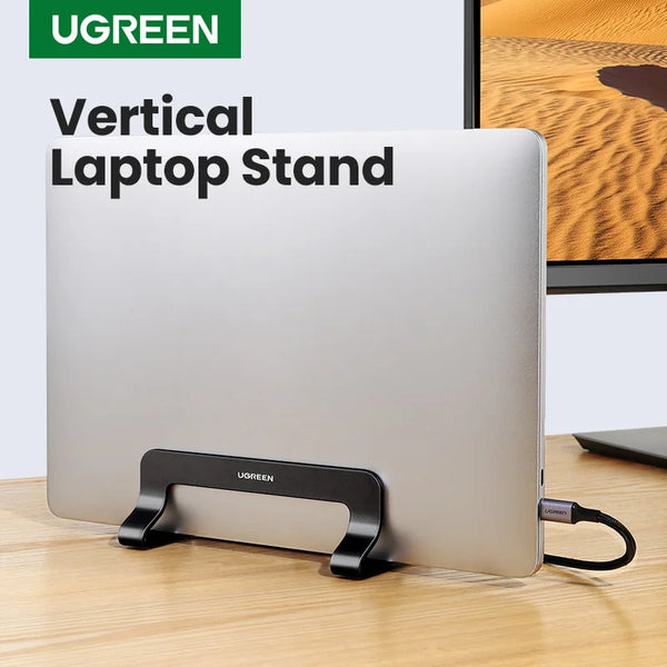 A silver vertical laptop stand by UGREEN, designed to elevate a laptop for viewing.