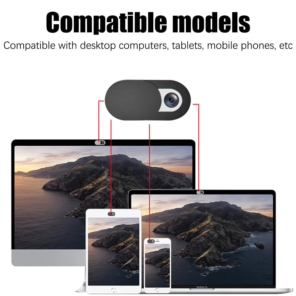 Privacy webcam covers shown on a laptop, tablet, and mobile phone.