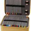 A large pencil case with multiple compartments holding numerous colored pencils and pens.