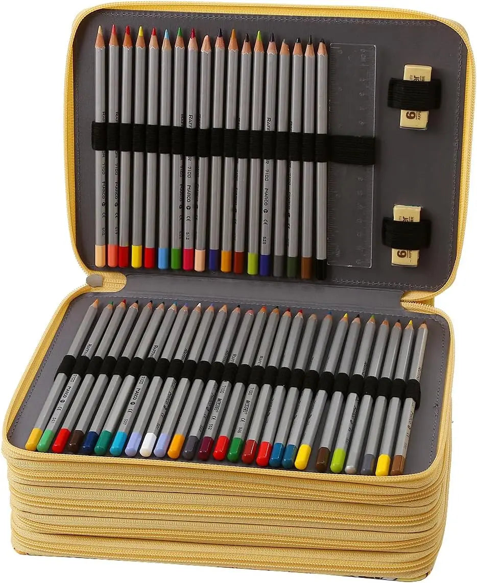 A large pencil case with multiple compartments holding numerous colored pencils and pens.