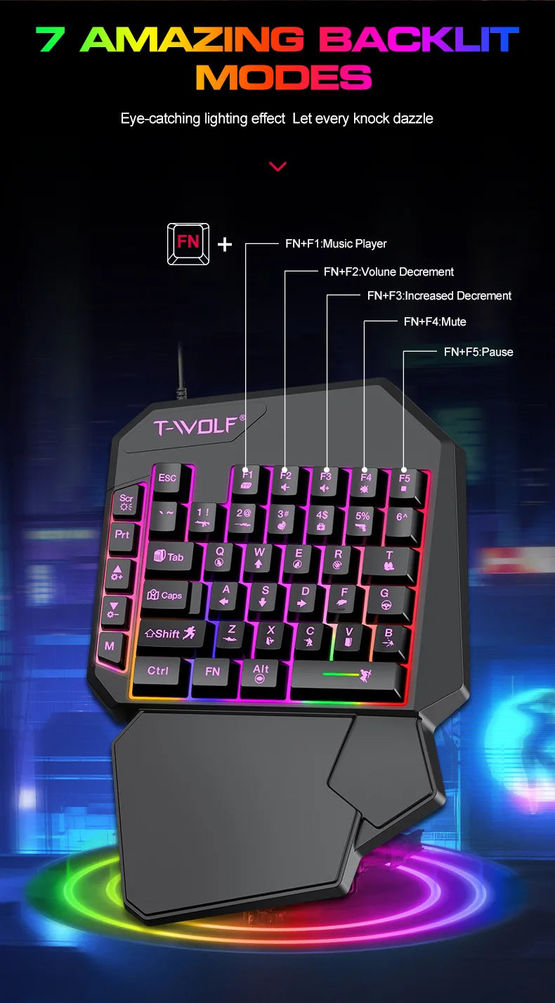 A black T-Wolf backlit gaming keyboard and mouse combo with colorful RGB lighting effects.
