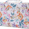 A large pencil case with a floral pattern featuring pink, orange, and purple flowers on a white background.