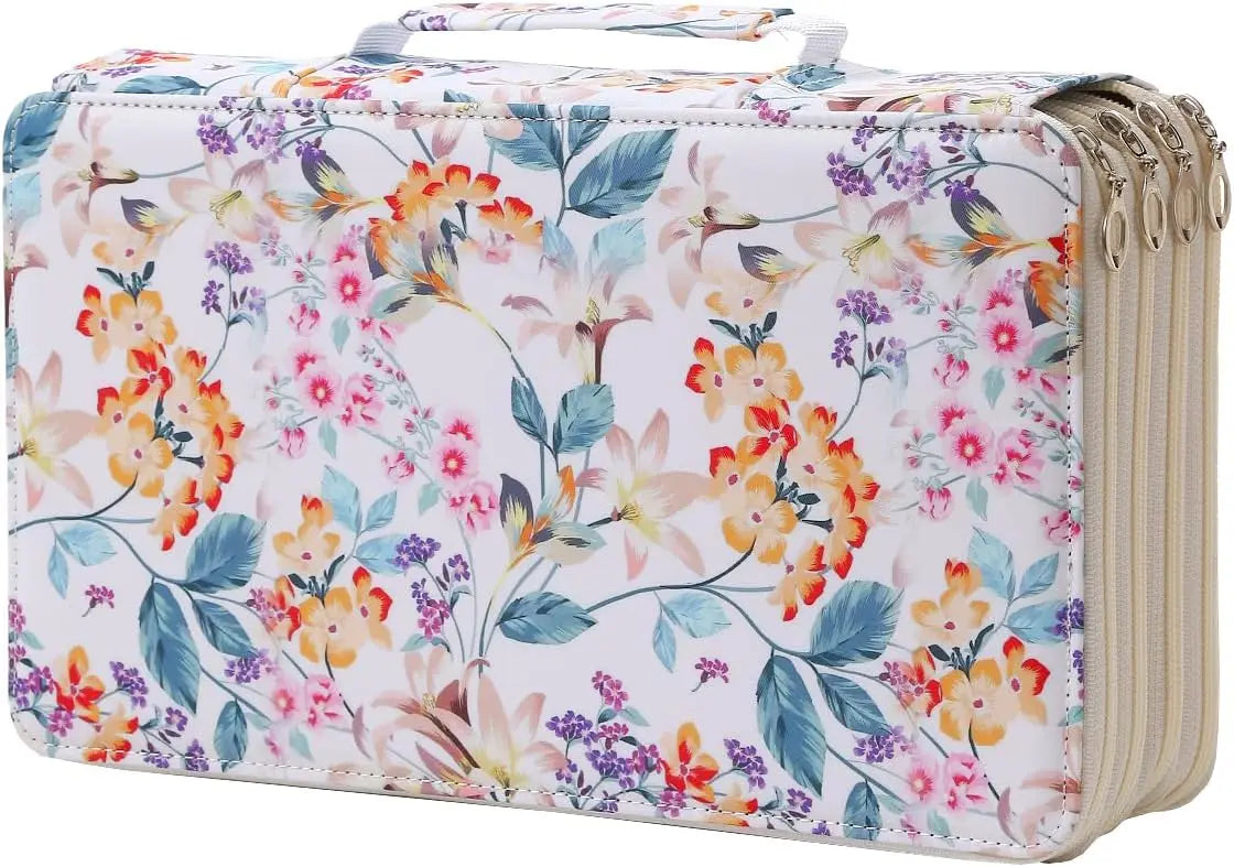 A large pencil case with a floral pattern featuring pink, orange, and purple flowers on a white background.