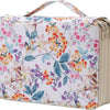 A cosmetic pencil case featuring a floral pattern with pink, orange, and purple flowers on a white background.