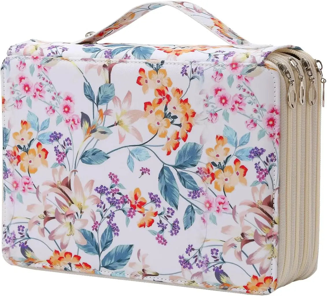 A cosmetic pencil case featuring a floral pattern with pink, orange, and purple flowers on a white background.