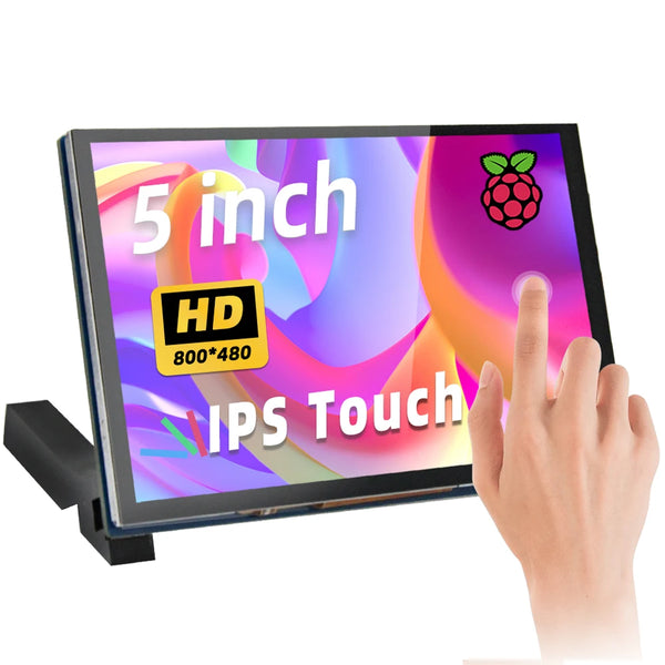 Una mano toca una pantalla táctil IPS de 5 pulgadas para una Raspberry Pi.