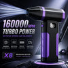 A black and purple X8 high-speed air blower with a nozzle is shown against a dark background.