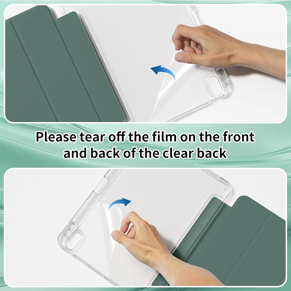 Hands are tearing off a film from the front and back of a clear protective case for an iPad Air.