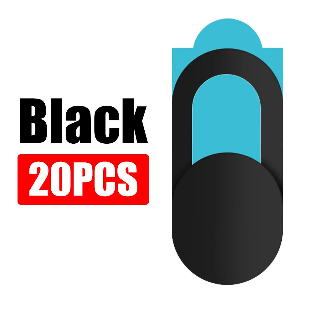 Black privacy webcam covers packaged in a red box with the text 20PCS