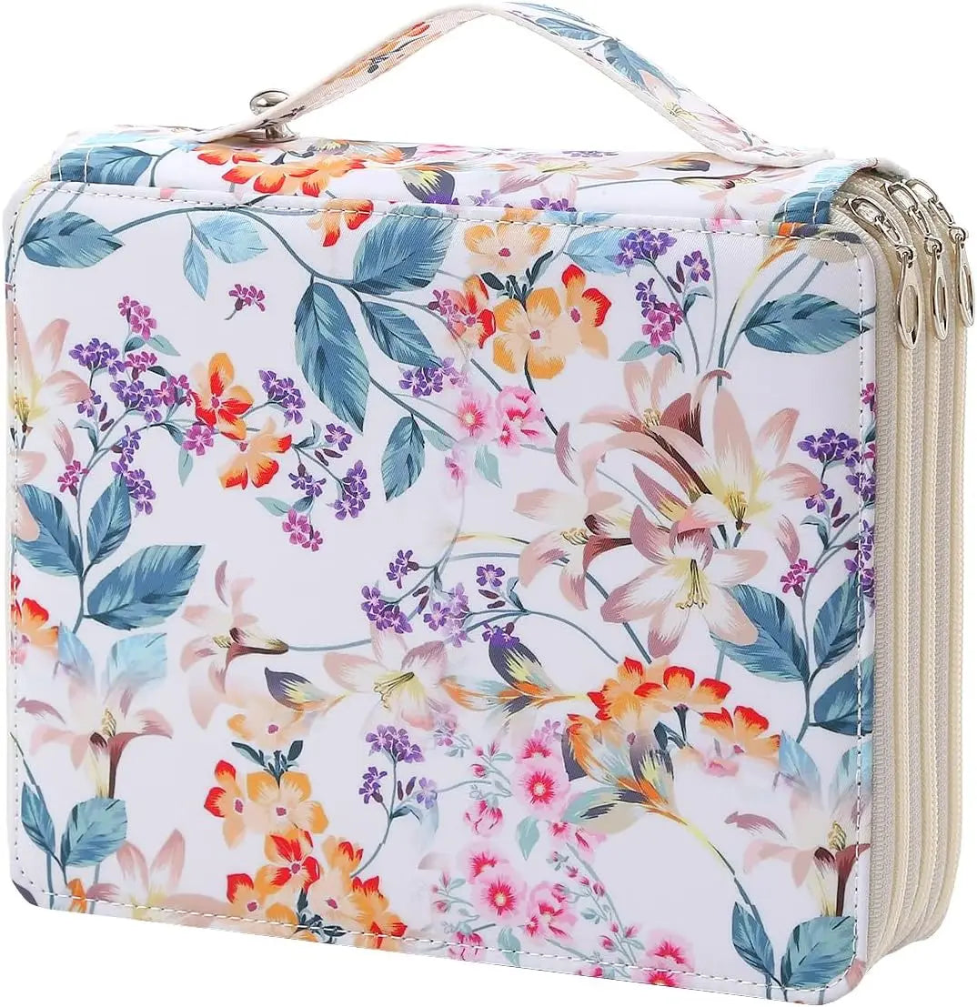 A large pencil case featuring a floral pattern with pink, orange, and purple flowers on a white background.