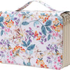 A large pencil case featuring a floral pattern with multiple compartments and a striped texture.