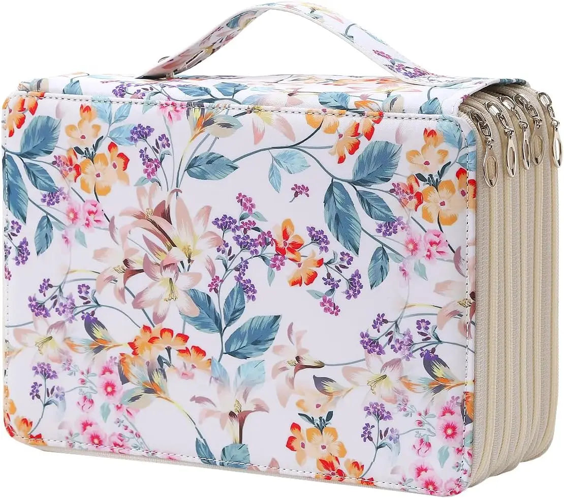 A large pencil case featuring a floral pattern with multiple compartments and a striped texture.
