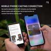 A hand holds a smartphone demonstrating the mobile phone casting connection feature for screen mirroring.