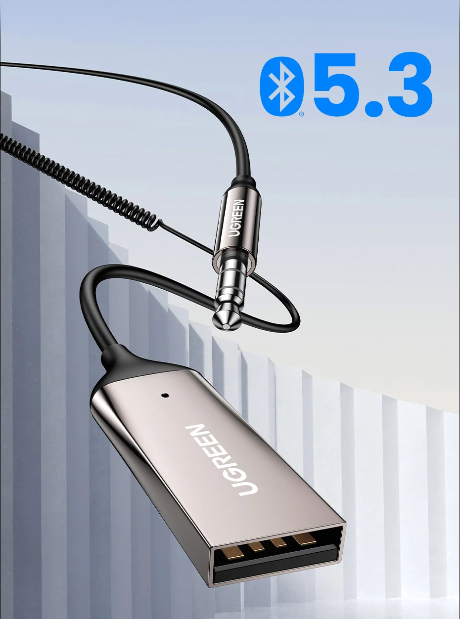 A silver Bluetooth 5.3 car audio adapter with a connector cable is shown against a light gray background.