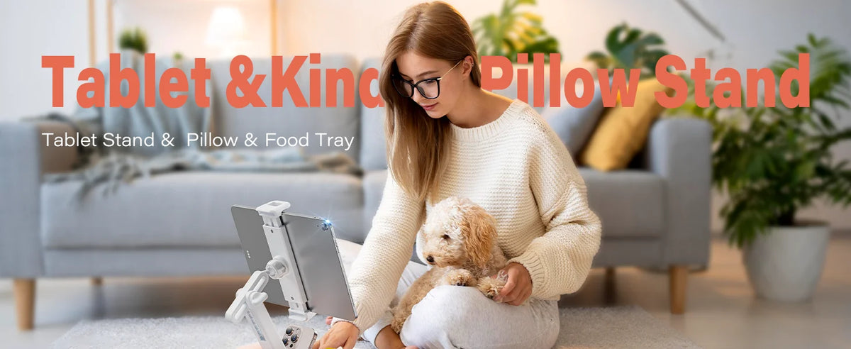 A woman is using an adjustable tablet and Kindle pillow stand while sitting on a couch.