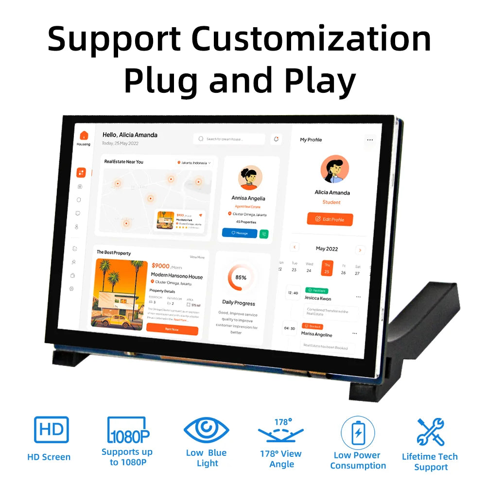 A tablet displaying a user interface with text and images, featuring support for customization plug and play.