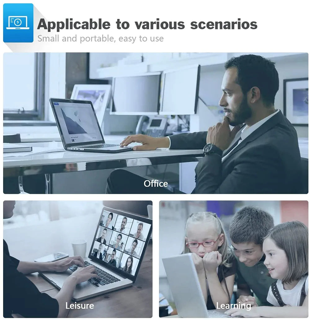A laptop is shown in three contexts: office work, leisure use, and learning.