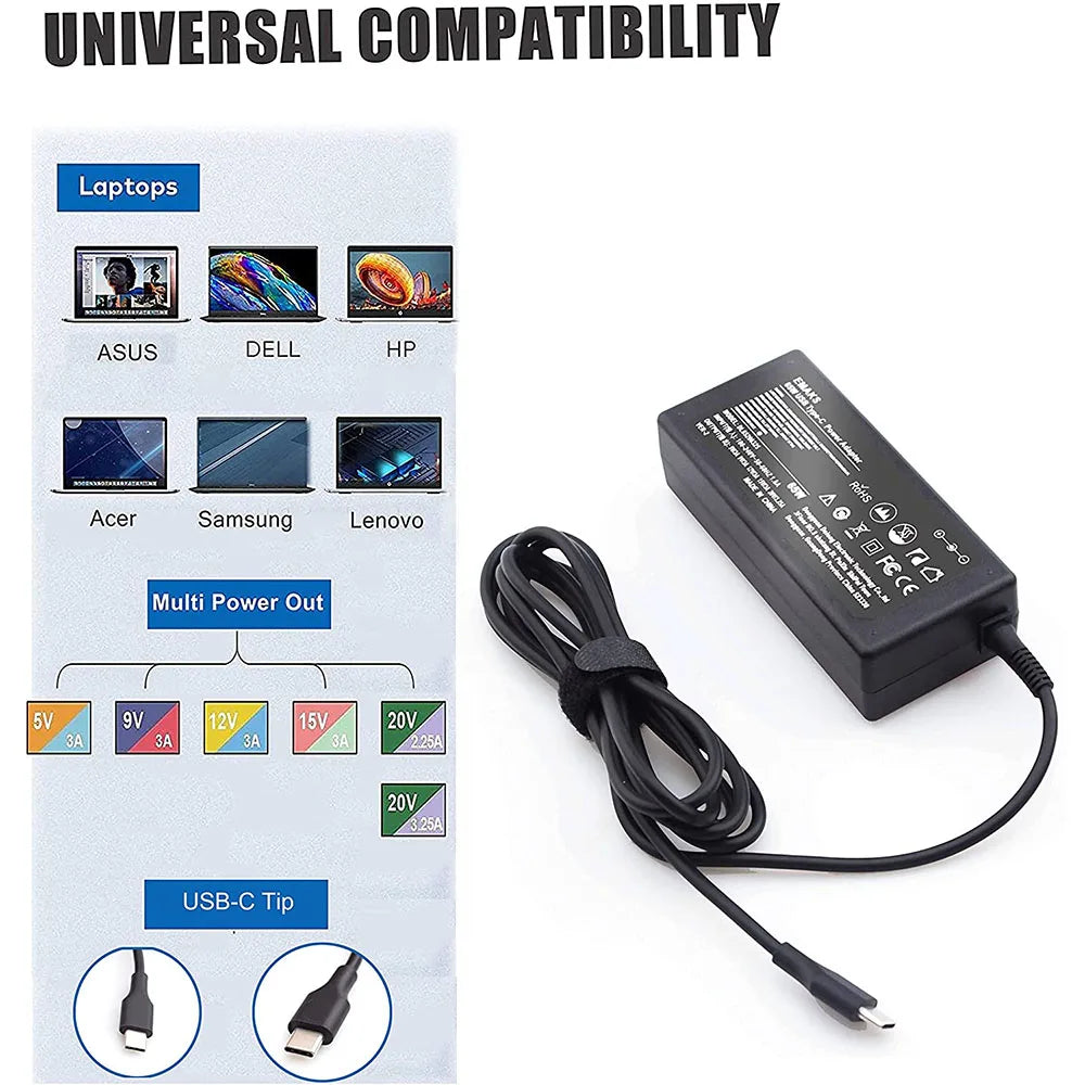 A black USB-C laptop charger with multiple voltage outputs for universal compatibility.