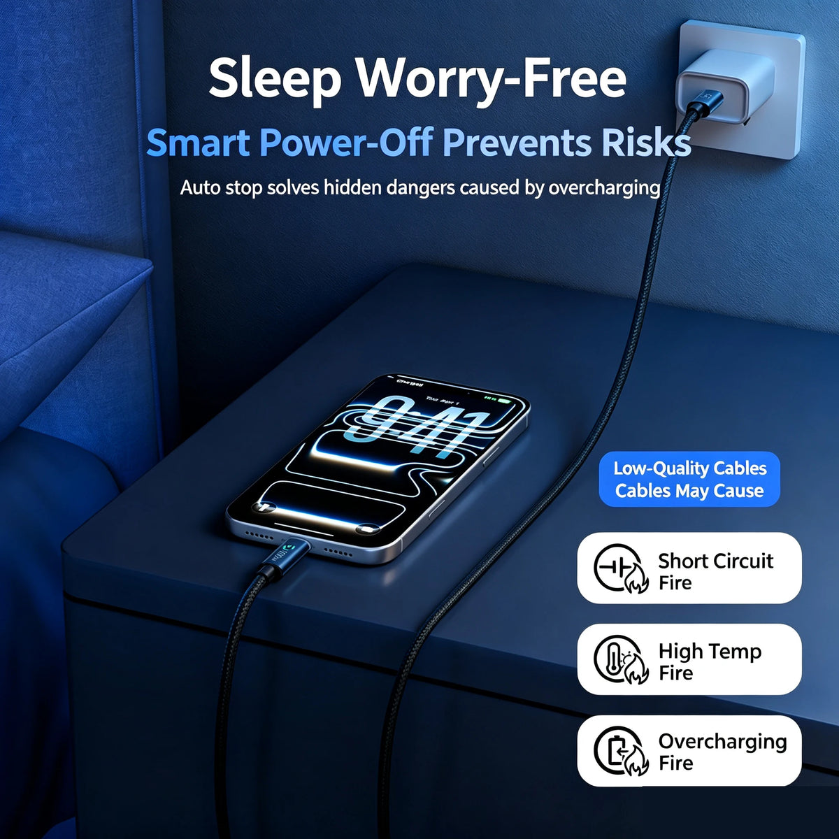 Smartphone mit Kabel, das eine sorgenfreie Smart-Power-Off-Funktion demonstriert.