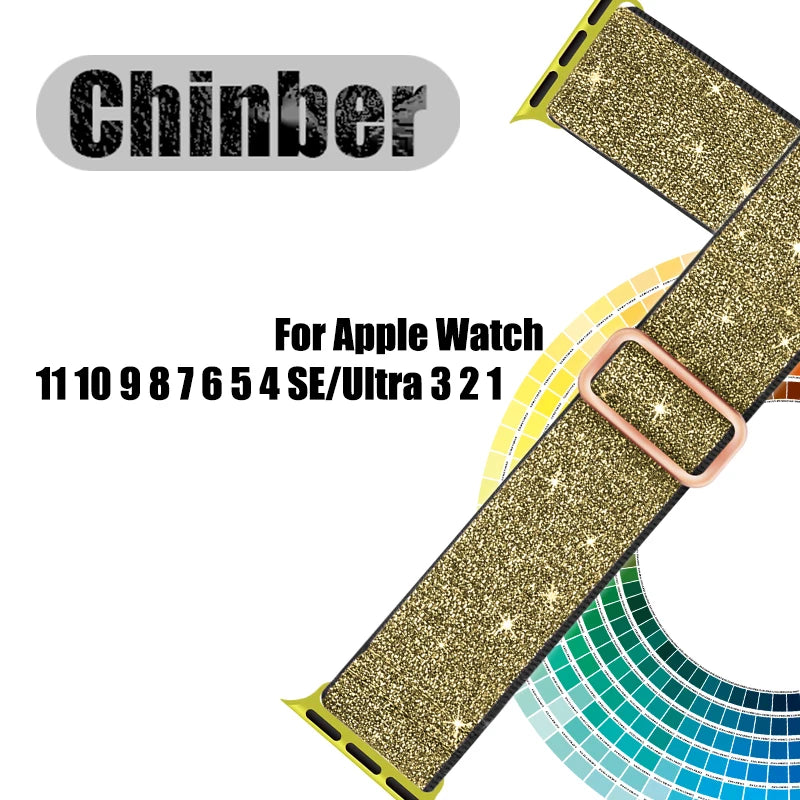 A close-up of a gold glitter nylon strap for an Apple Watch, featuring a colorful patterned background.