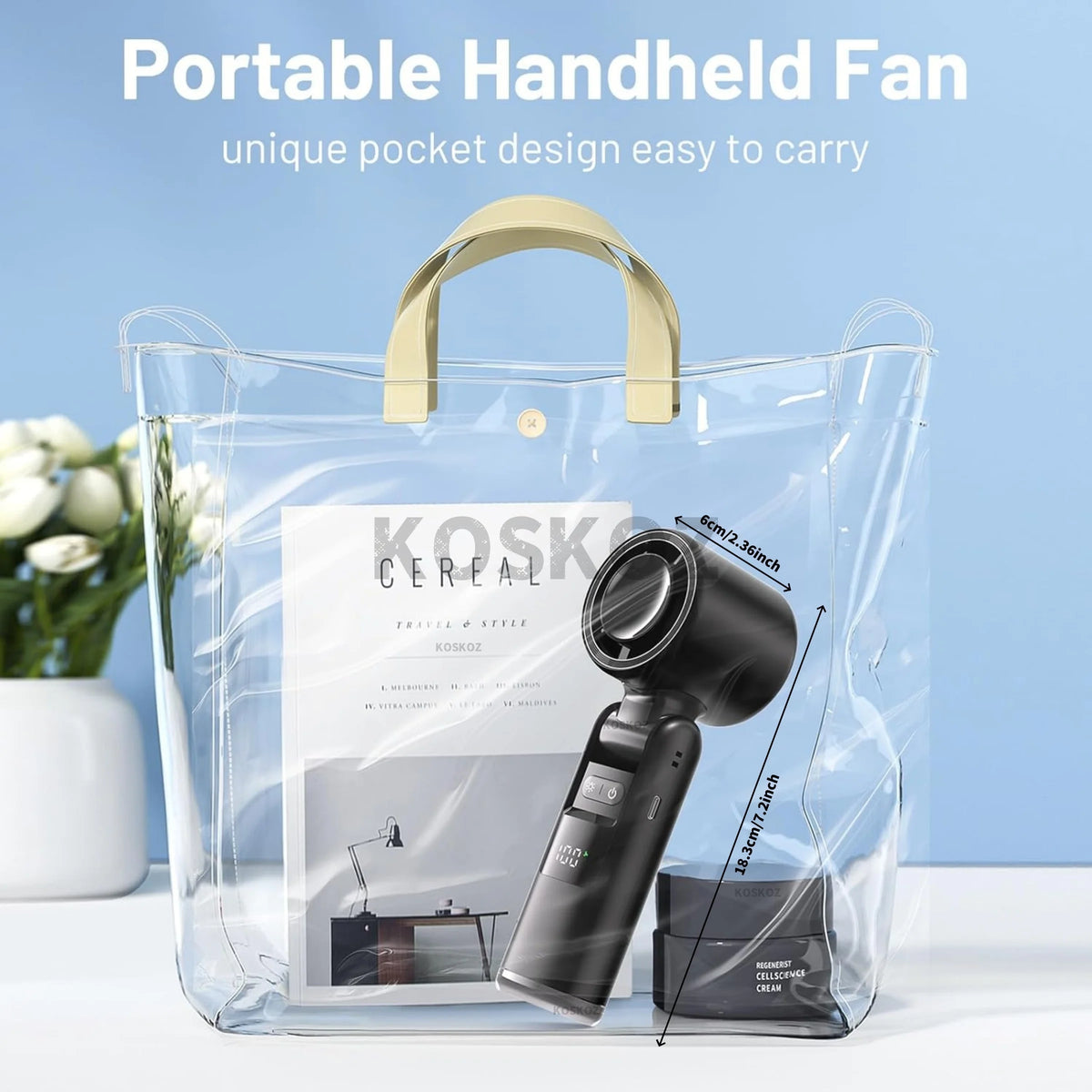 A portable handheld fan in black is shown inside a clear plastic bag on a white surface.