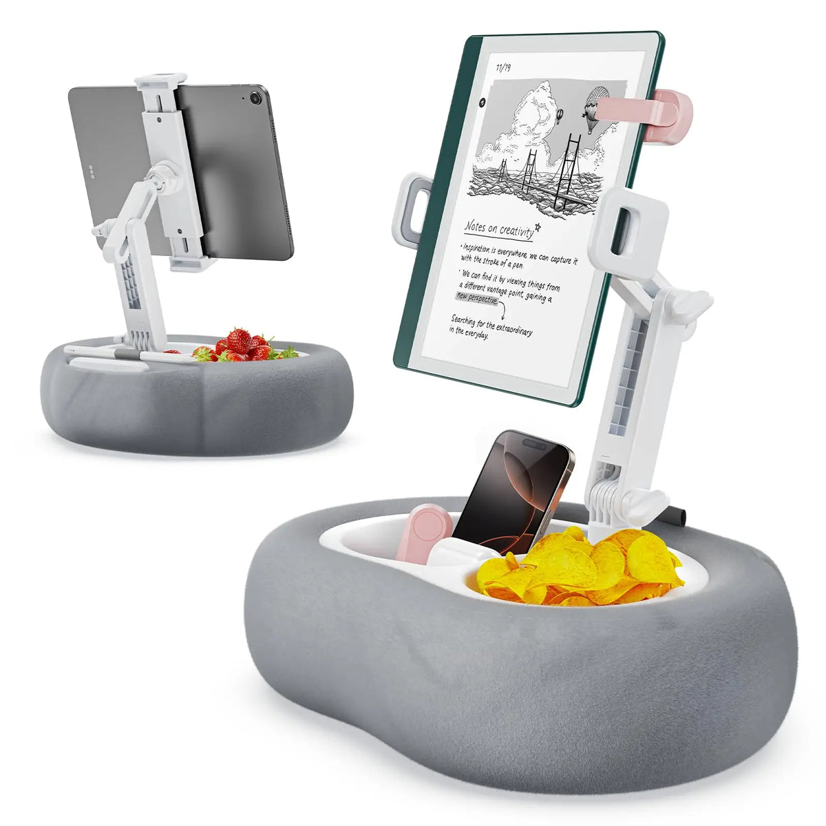 A gray adjustable pillow tablet and Kindle stand with a soft plush fabric resting on a gray cushion.