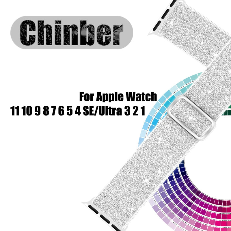 Shimmer glitter nylon strap for Apple Watch with a silver buckle.