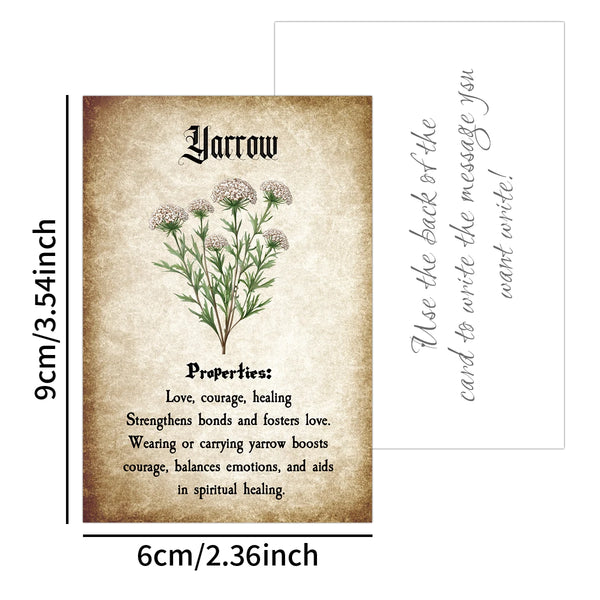 A brown botanical herbal reference card featuring the name Yarrow and its properties for healing and strengthening bonds.
