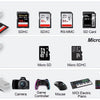 A diagram showing various SD card types, Micro SD cards, and USB ports with connected devices like a camera, game controller,