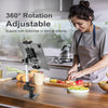 An aluminum wall mount tablet holder with a 360° rotation adjustable arm is shown on a kitchen counter.