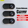Three black privacy webcam covers shown in different sizes for cell phones, laptops, and tablets.