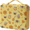 A yellow pencil case with honeycomb and bee patterns, featuring multiple compartments.