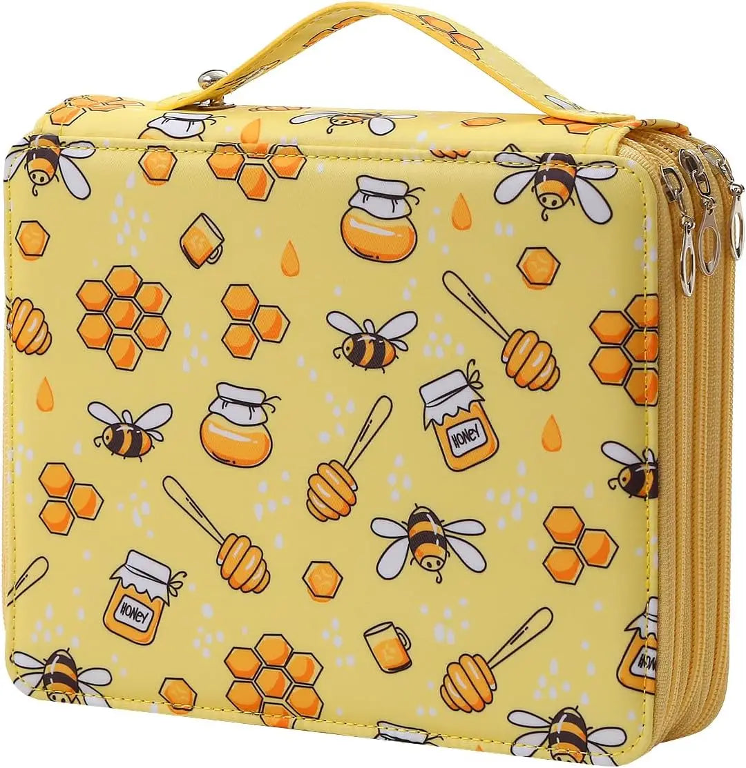 A yellow pencil case with honeycomb and bee patterns, featuring multiple compartments.