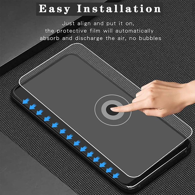 Hand applying a protective film to a smartphone screen for easy installation.