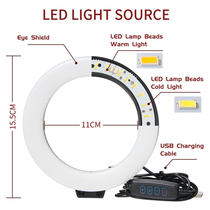 A white LED light source with an eye shield and USB charging cable, featuring warm and cold light options.