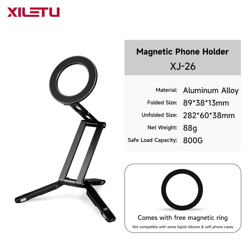 Black magnetic phone holder with a folding design and a magnetic ring for mounting