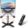 A black adjustable laptop and tablet stand with a silver surface and a black folding arm.