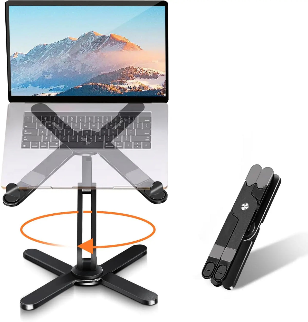 A black adjustable laptop and tablet stand with a silver surface and a black folding arm.