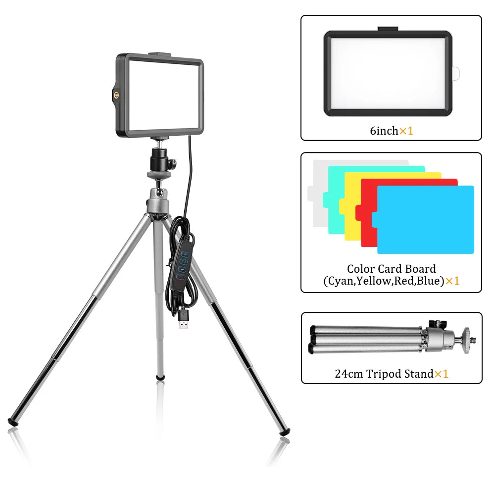 A tripod stand with a 6-inch monitor, color card board, and a light source for photography or video.