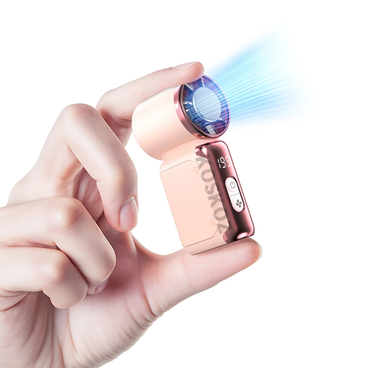 A hand holds a mini portable ice cooling fan with a glowing blue light, demonstrating its function.