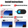 Installation instructions showing how to clean the screen, remove 3M tape, position over the camera, and press to stable.