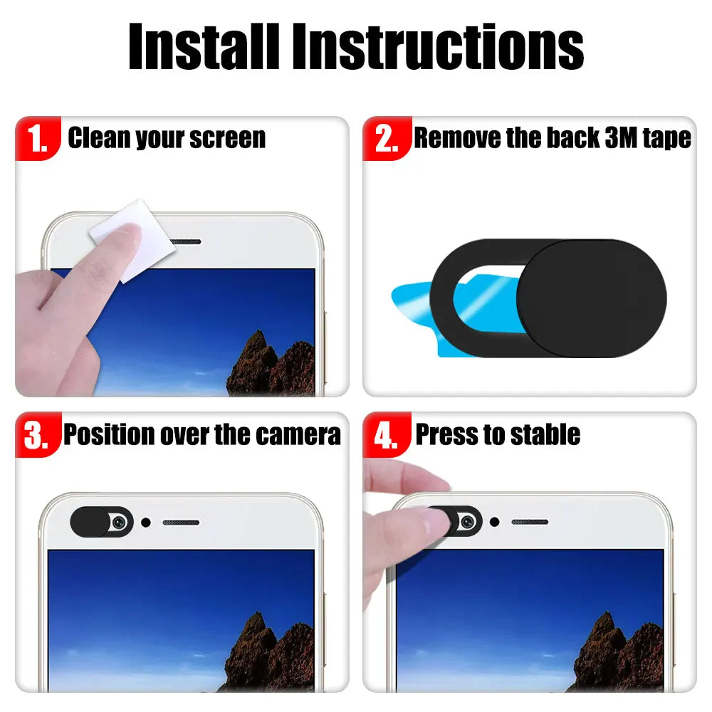 Installation instructions showing how to clean the screen, remove 3M tape, position over the camera, and press to stable.